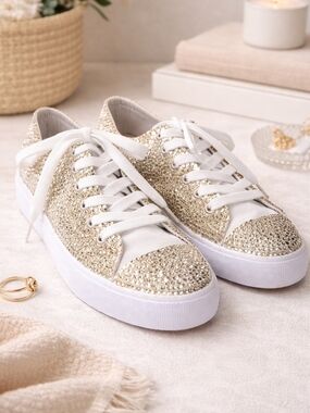 Custom Rhinestone Sneakers Gold White Platform Size 9 Sparkle